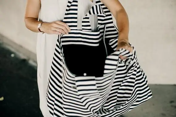 

2021 Large Canvas Fashion Durable Women Black and white stripes Shoulder Bag Shopping Tote Flax Cotton Shopping Bags Maximal