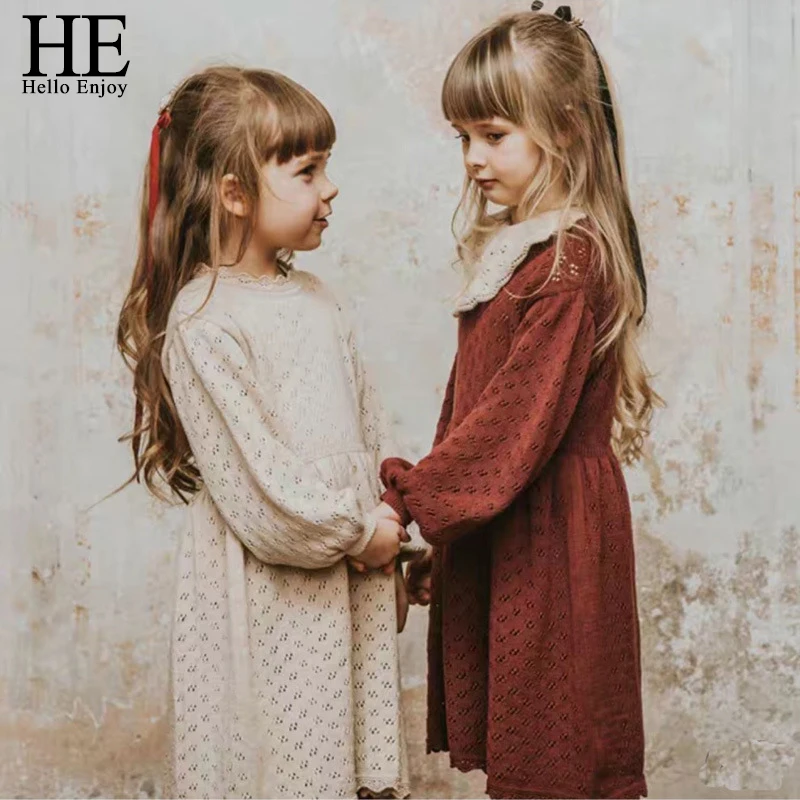 HE Hello Enjoy/зимнее вязаное платье для маленьких девочек красивое детское с длинными