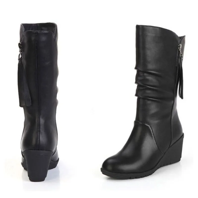 Сапоги на танкетке и платформе Женская зимняя обувь черного цвета Осенние