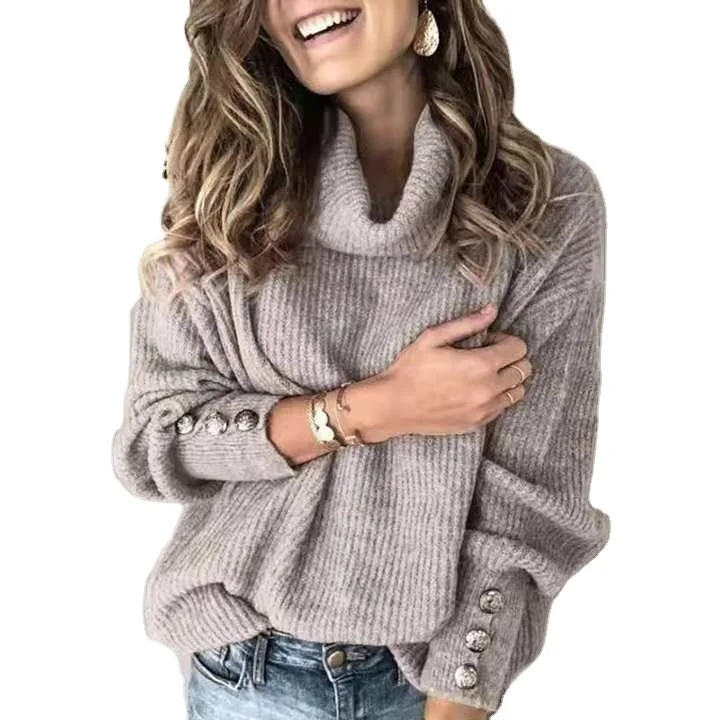 

Autumn And Winter New Fashion Women Sweater High Neck Knitted Pullover Casual Loose Long Sleeve Solid Color Sweater Top