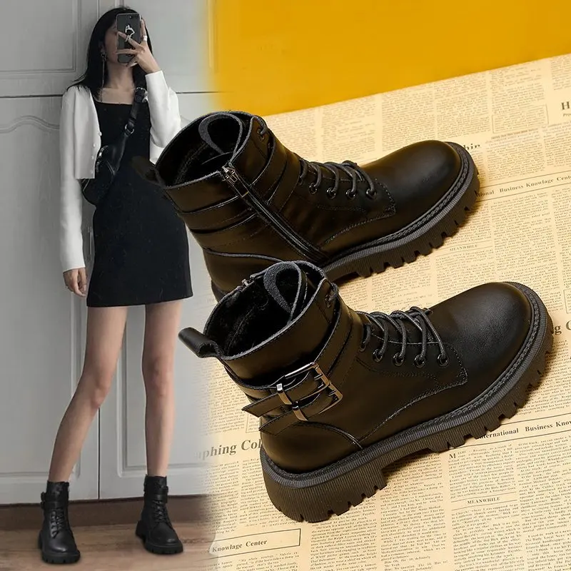

2021Hot Autumn Winter women boots Black Fashion Motorcycle Boots for Women Round Toe zipper Leather Platform Boots Women Shoes