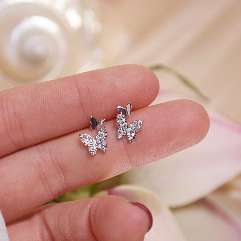 

Trendy Elegant 14K Real Gold Plated Butterfly Ear Studs for Women Top AAA Shiny Zircon S925 Silver Needle Jewelry Party INS Gift