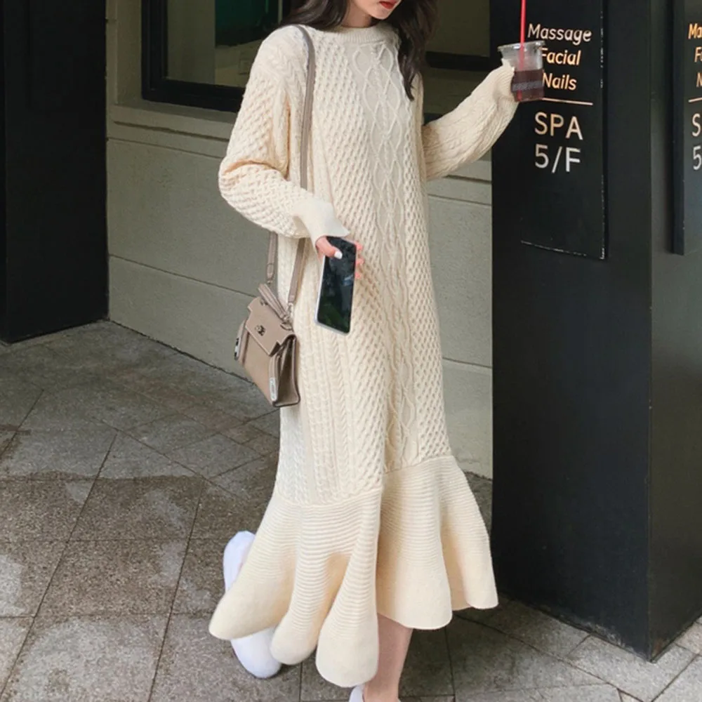 

Autumn Winter Ruffled Fishtail Sweater Maxi Dress Women Loose Retro Twist Texture Knitting Female Full Sleeve Pullover Long Robe
