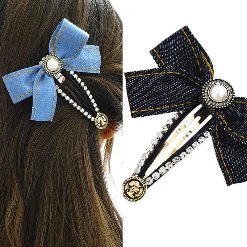 Женские заколки для волос с бантом из джинсовой ткани жемчугом и бриллиантами