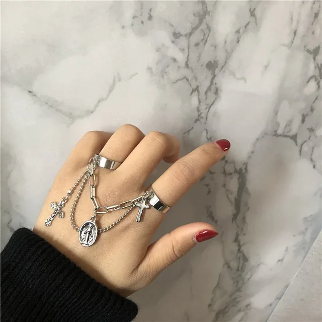 Винтаж хип-хоп Панк Серебряный цвет металлический крест кольцо цепь