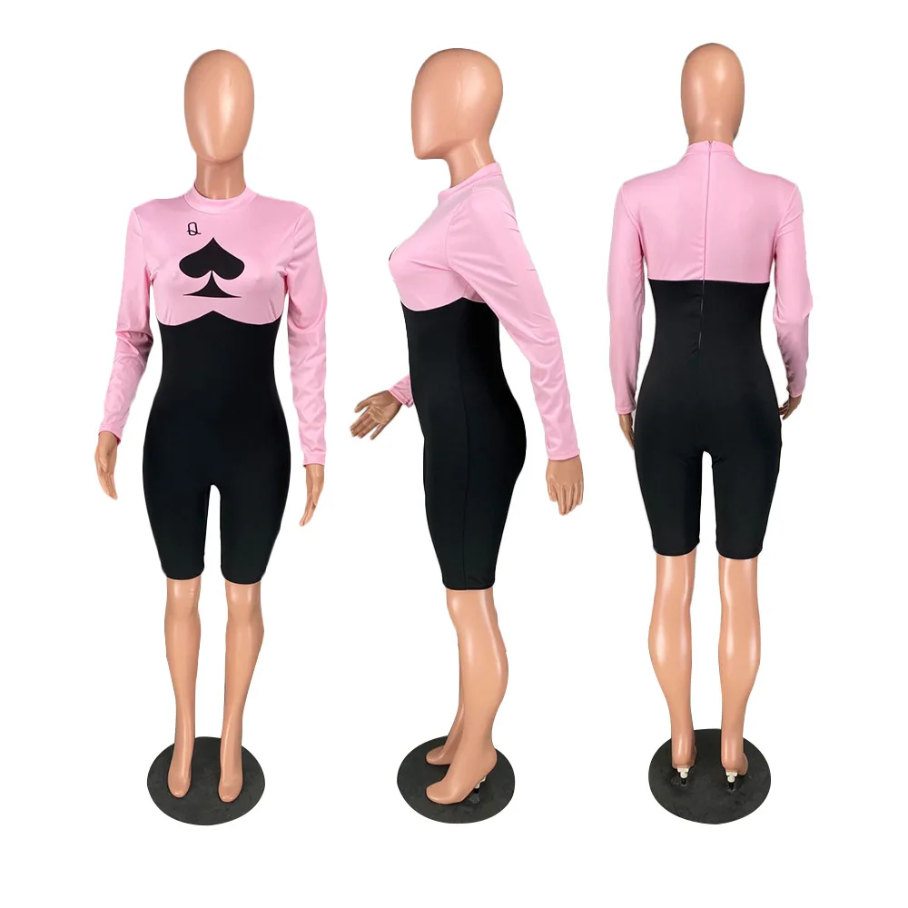 

Hot Selling Fashion Casual Jumpsuits Print O-neck Patchwork Slim Long Sleeves European and American Female One Piece Romper