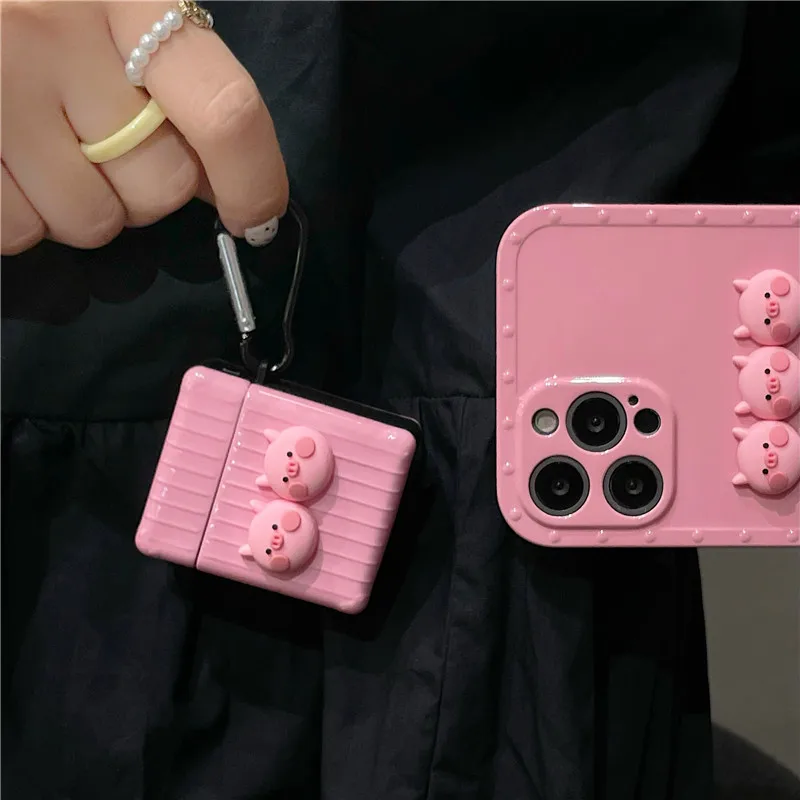 

Силиконовый чехол для Apple AirPods 1 2 Pro, Роскошный милый розовый 3D-чехол с кольцом для ключей в форме свиньи, защитный чехол для аксессуаров и нау...