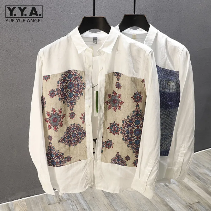 

Harajuku Men Long Sleeve Linen Shirts Spring Summer Casual Floral Printed Tops Man Chemise Homme Loose Fit Hawaiian Beach Shirt