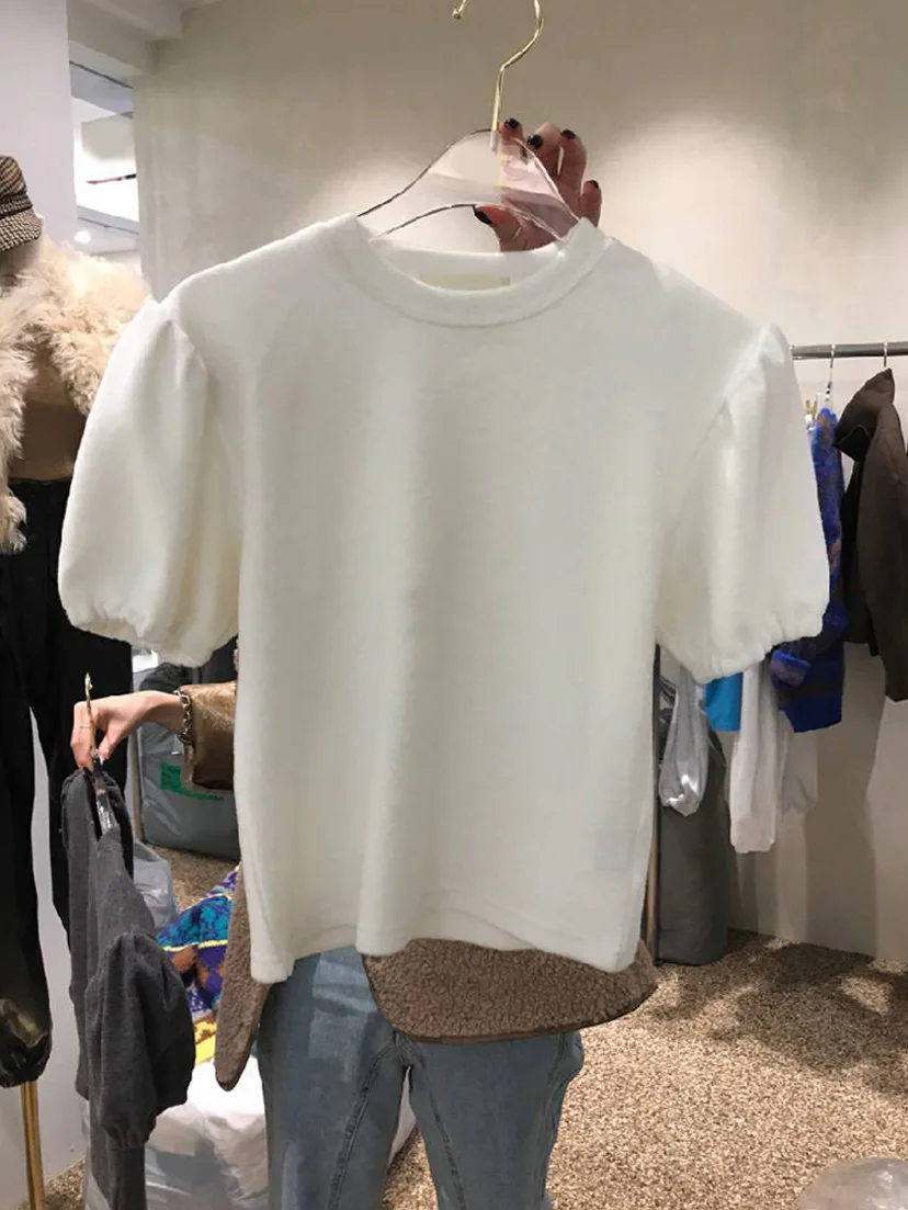 

dongdamen 2021 spring and summer new women's clothing Korean fashion temperament solid round neck bubble sleeve