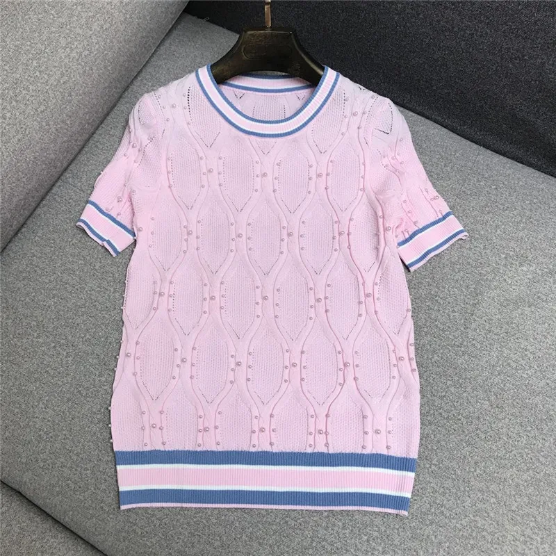

2021 New Summer Top Women's Hollow-out Pearl Ice Silk Short Sleeve Thin Sweater Round Neck Knit T-shirt Femae Knitted Pullovers