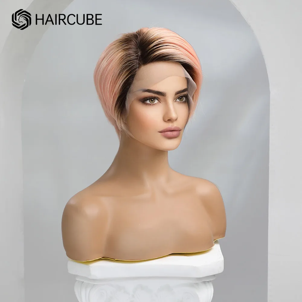 Парик HAIRCUBE из натуральных волос с эффектом омбре пастельно-розовый боковыми