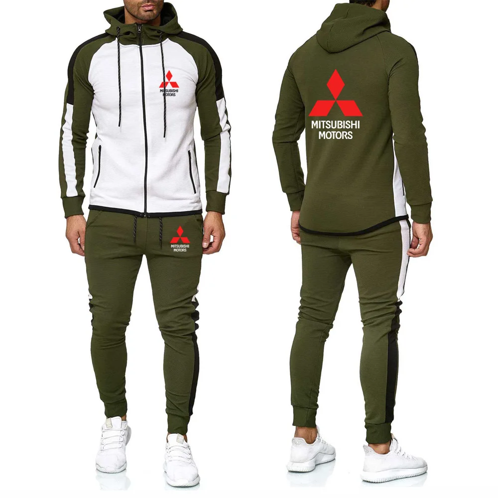 

Men's hoodies sweatshirt Mitsubishi Car Logo Printed Spring Autumn stitching hoodies Men's jackets+Pants 2Pcs sweatshirt