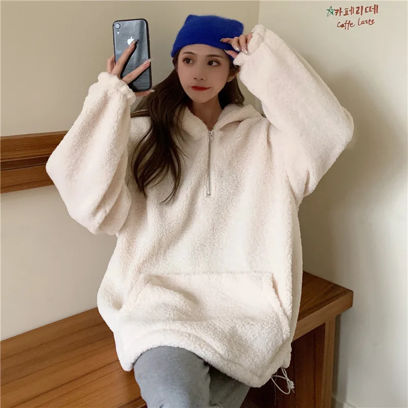 

Hooded Pullover Faux Lamb Wool Plus Velvet Thick Sweater Ladies Autumn & Winter 2021 New Thick Loose Korean Style Jacket Jacket