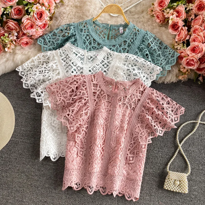 

2021 New Elegant Lace Hollow Out Design Slim Blouse Women O Neck Flying Short Sleeve Solid Blusas Summer Shirt Feminino