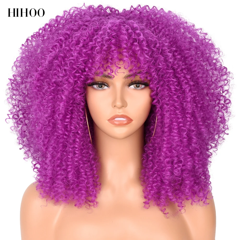 

Afro Kinky Curly Wigs With Bangs For Black Women Lolita Cosplay Blonde Wig Short Wig Natural Hair Synthetic Glueless Red Blue