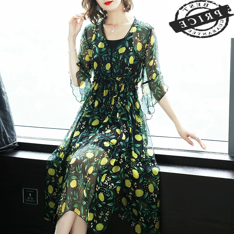 

Summer Beach Dress Women Silk Long Dress Elegant Party Dresses Green Vintage Dresses Ladies Office Wear Vestidos LWL1a5a