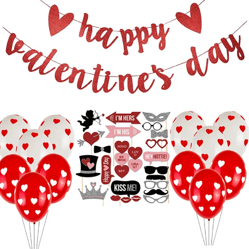 

Valentines Day Banner Set Happy Valentines Day Decorative Set Banners Balloons Photo Props Wedding Day Party Decor