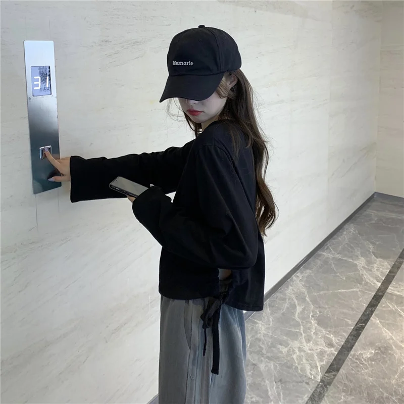

Real Photo of Autumn Clothing Design Drawstring Long-Sleeved T-shirt Women's Wide