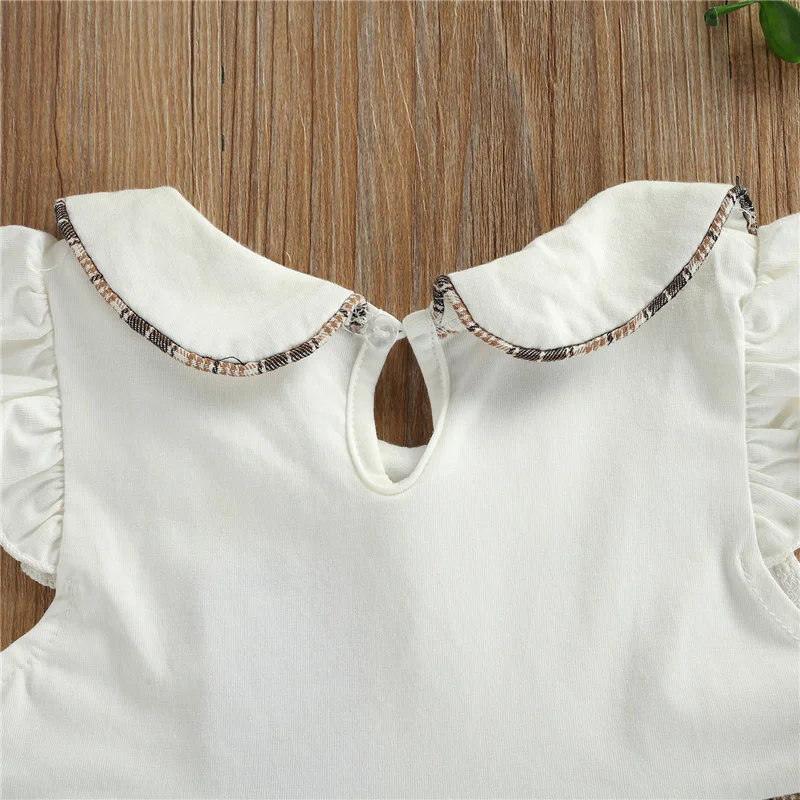 

2021 Summer Breathable Little Girls Dress, Children Creative Plaid Splicing Doll Collar Fly Sleeve Princess Skirt with Bow Tie