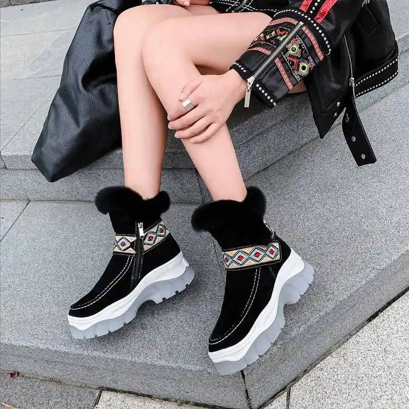 

Krazing Pot embroidered mixed colors cow leather snow boots thick bottom winter daily wear super warm women zip ankle boots L95