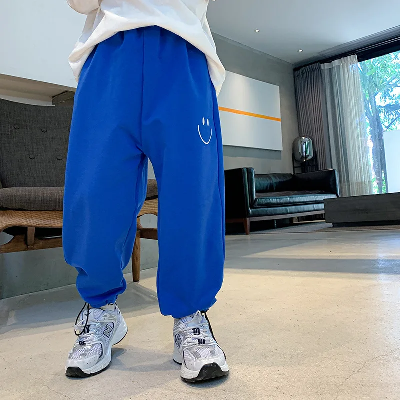 

2021 Boys Autumn New Solid Color Printing Smiley Casual Trousers Pants for Boys Kid Clothes Korean Baby Clothes Kids Pants Boys