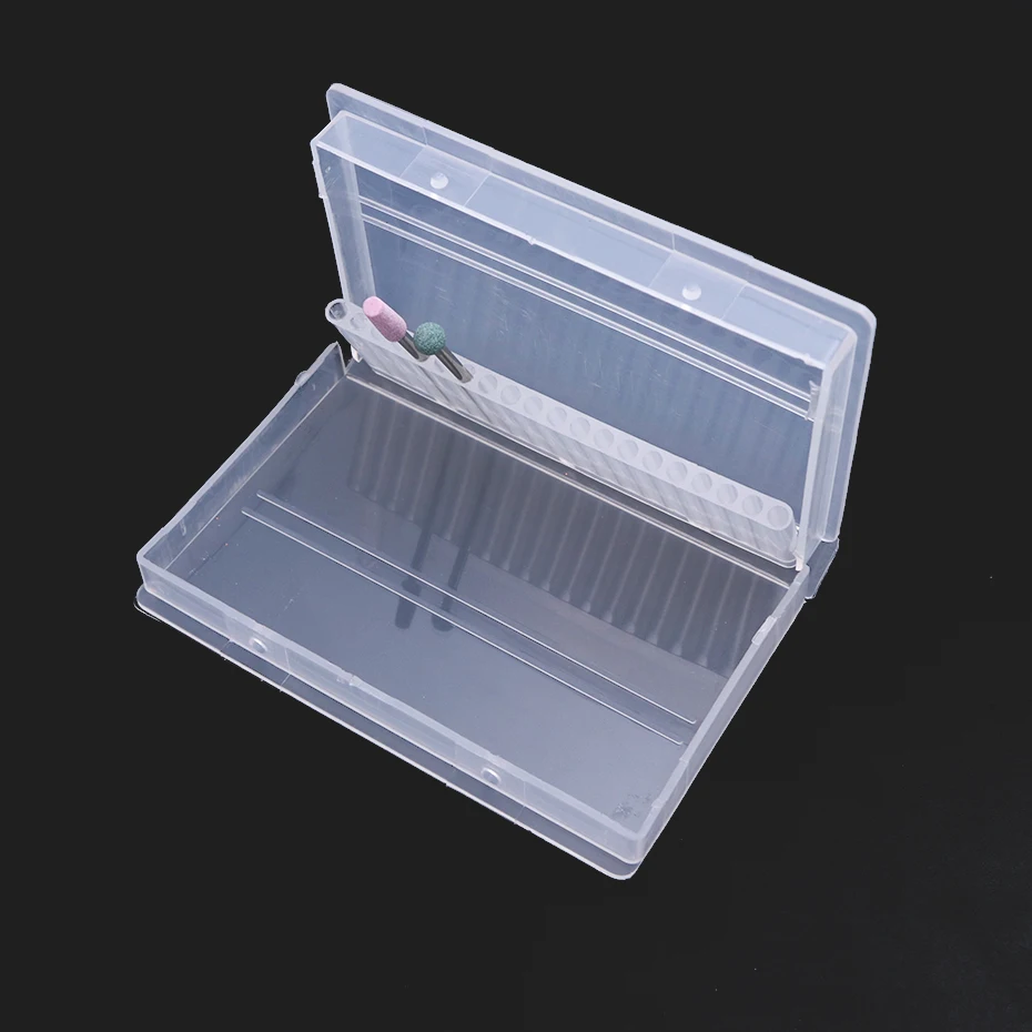 Пустая коробка для хранения сверл ногтей с 20 слотами прозрачный прямоугольник