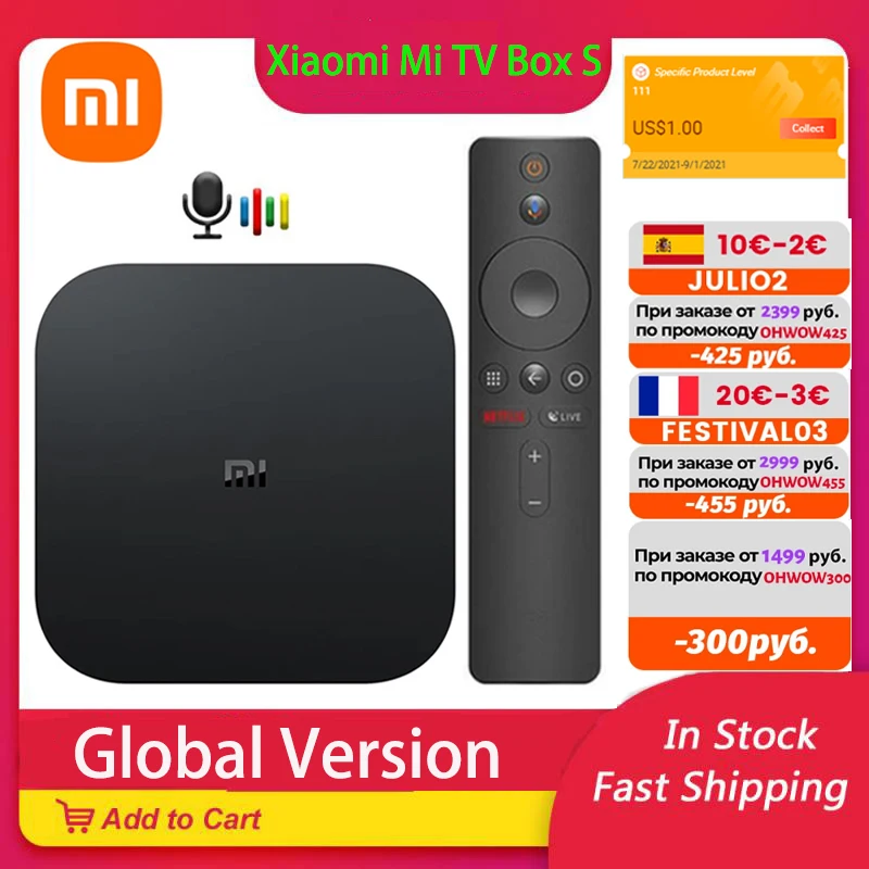 ТВ-приставка Xiaomi Mi TV Box S 4K Ultra HD Android 9 0 HDR 2 ГБ 8 WiFi Google Cast Netflix | Электроника