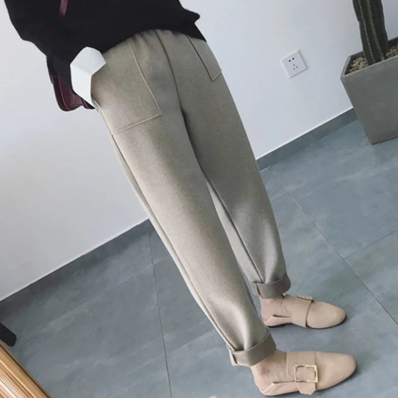 BGTEEVER Autumn Winter Thicken Pants Women Elastic Waist Pockets Woolen Female Pencil Pant Elegant Warm Trousers femme