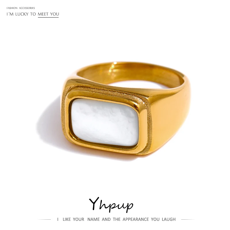 

Yhpup Stainless Steel Natural Shell Ring for Women Fashion Square 18 K bague acier inoxydable Accessories Bijoux Femme Gift