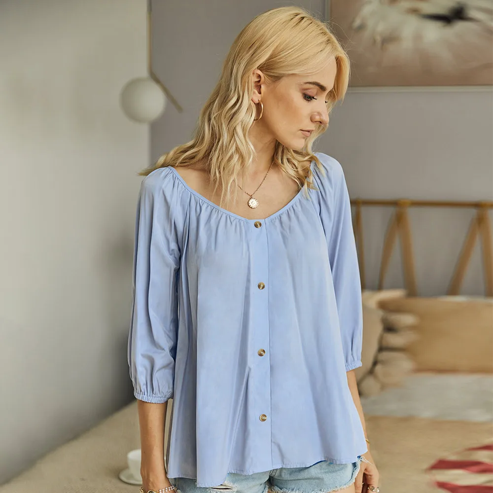 

Sexy V-neck Blouse Shirt Women Three Quarter Sleeve Solid Loose Summer Top
