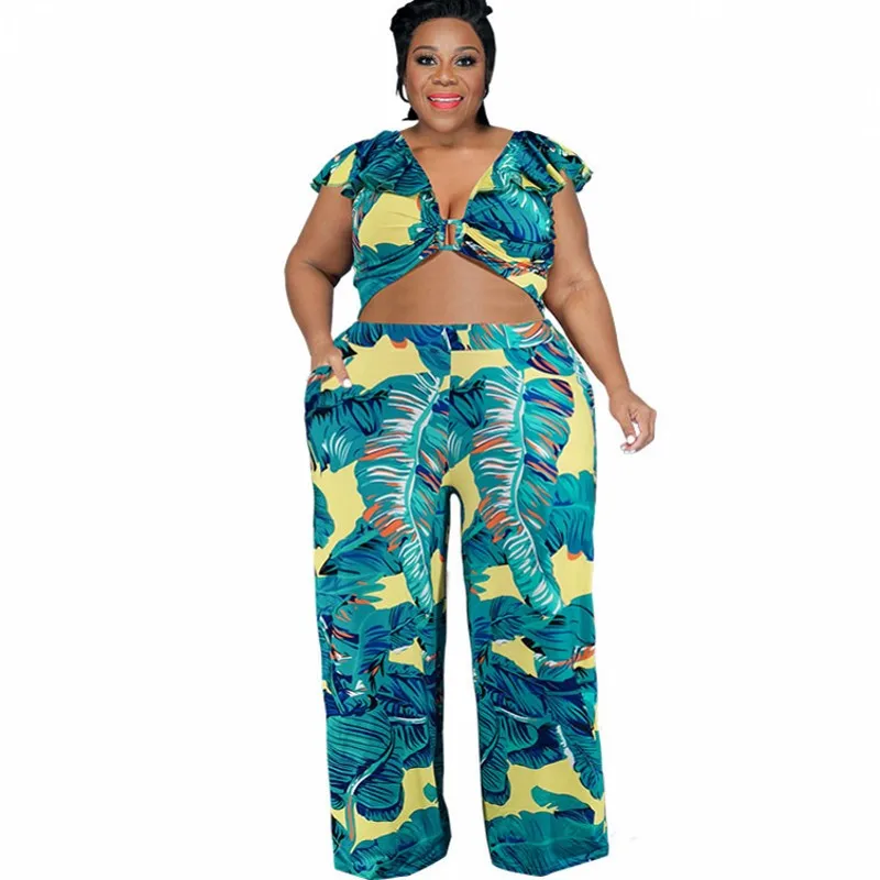 

Plus Size Women 2 Piece Sets Backless Crop Tops Wide Leg Pant Suits Summer New Print Ruched Patchwork Beach Holiday Outfits 2021