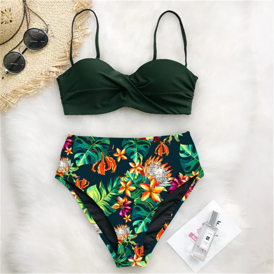 

2021 New Sexy Bikini High Waist Swimsuit Women Swimwear Push Up Bikinis Set Leaf Print Female Bathing Suit for Women Beach Wear