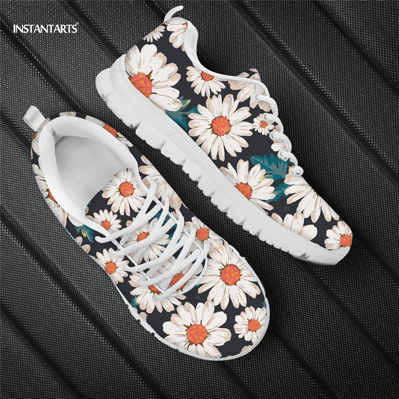 

INSTANTARTS Women's Flat Shoes Lovely White Daisies Printing Lace-up Black Sneaker Teen Girls Comfortable Outdoor Soft Footwear