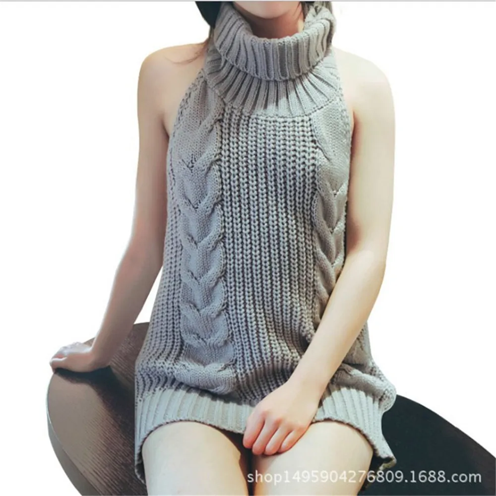 

Japanese New Sexy Mid-Length Halter Sleeveless Lace-Up Sweater Dress