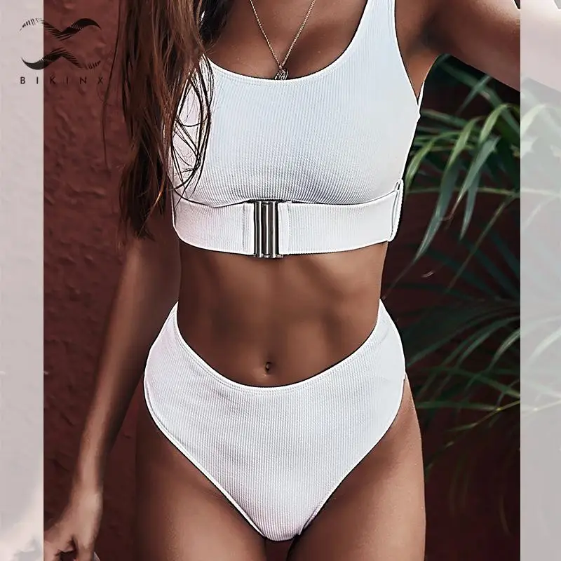 Bikinx винтажный белый купальник с поясом ребристые бикини 2019 mujer Высокая талия