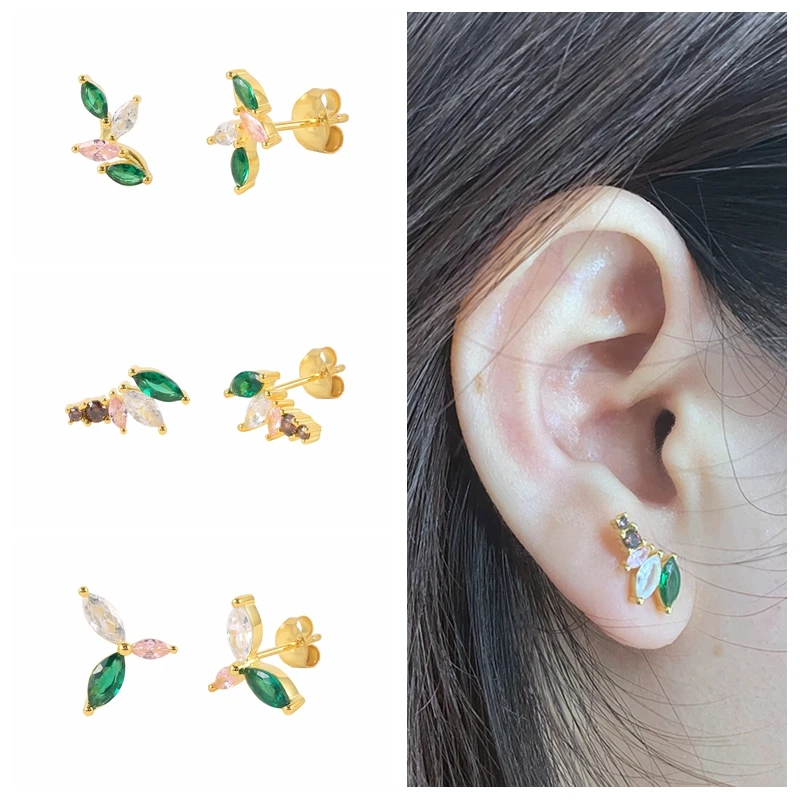 

Green Colored Leaves Petals Earrings For Women Sterling Silver Piercing Stud Pendientes Piercing Jewelry silver