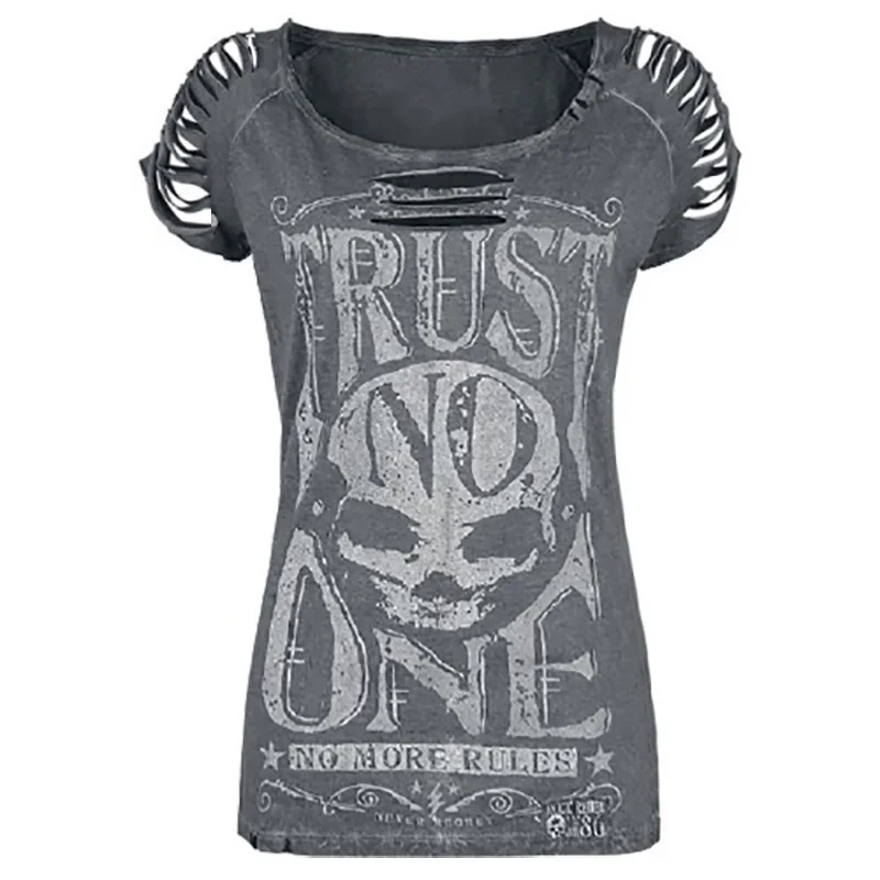 

Punk Style Gothic T-shirt For Women Gray Color Casual Letter Printed Short-sleeved Tees Sexy Hole Crew Neck Hollow Out Abstract