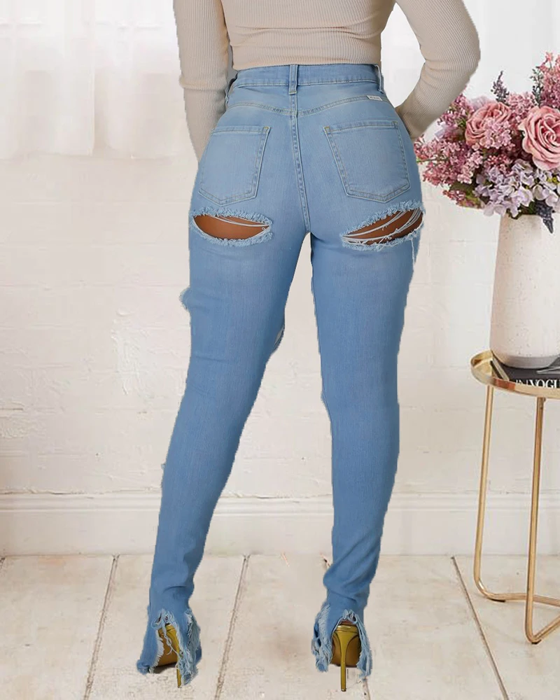 

Spring Autumn Plus Size Sexy Solid Ladder Cutout Fringe Hem Slit Ripped Jeans Denim Pants Femme Lady Skinny Trousers 2021 New