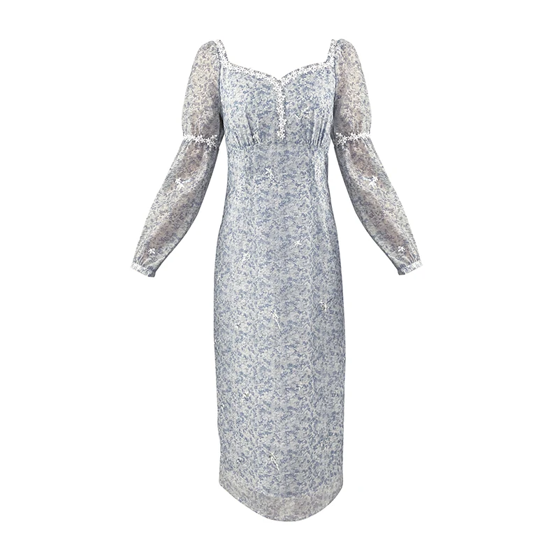 

New square collar dress design niche 2021 new spring high end chiffon long sleeve French Knee Skirt