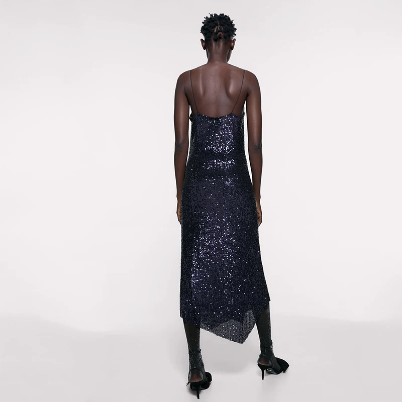 Женское вечернее платье на бретельках ZA Привлекательное с блестками и разрезом