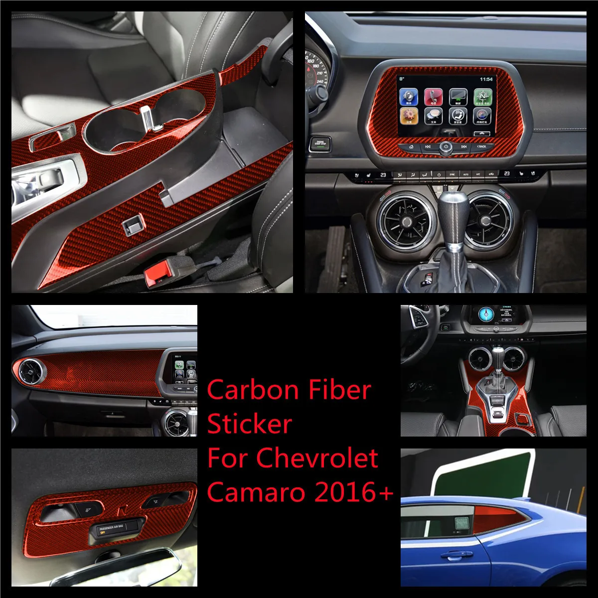 Красное углеродное волокно для Chevrolet Camaro 16 + декоративные наклейки на панели