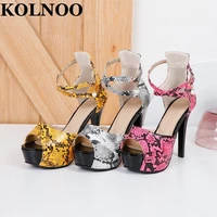 kolnoo handmade real photos ladies high heeled sandals faux snake print leather cross buckle strap peep toe fashion party shoes