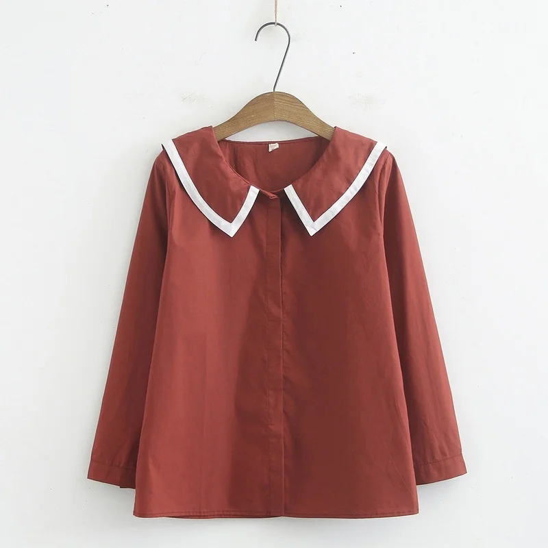 

Sailor Collar Preppy Style Sweet Shirts Women Spring Autumn Cartoon Letter Embroidery Long Sleeve Loose Shirts Tops for Student