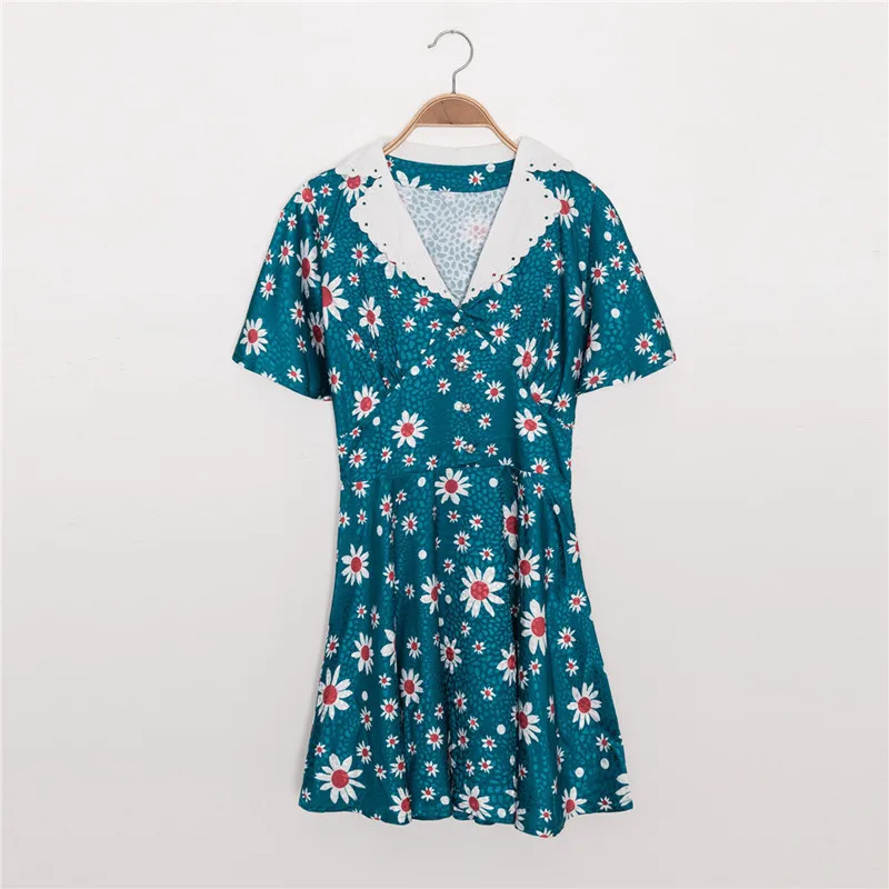 

Women Summer Slim Green V-Neck Floral Print Mini Dress Ladies Fashion Sweet Style Vestidos Female Brand Casual Dresses ZM395