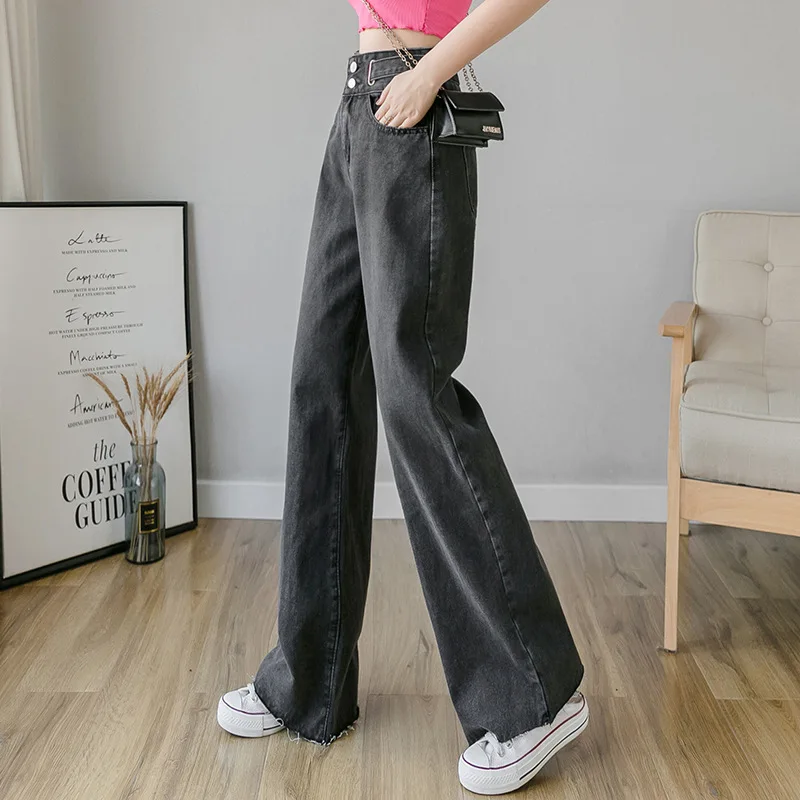 

High Waist Loose Raw Hem Wide Leg Straight Long Jeans for Women S M L XL