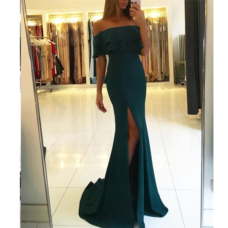 

Женское вечернее платье-русалка, темно-зеленое атласное длинное платье с высоким разрезом, вырезом лодочкой и открытыми плечами для выпуск...