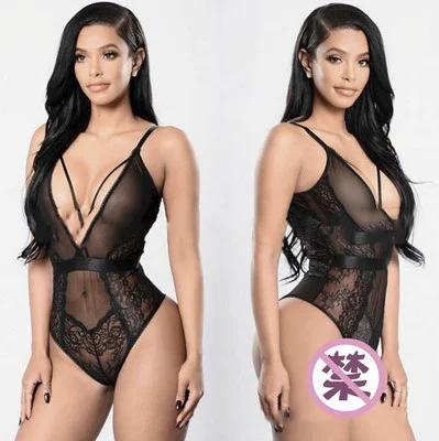 2018 large fat MM sexy lace mesh perspective hanging neck one-piece fun underwear