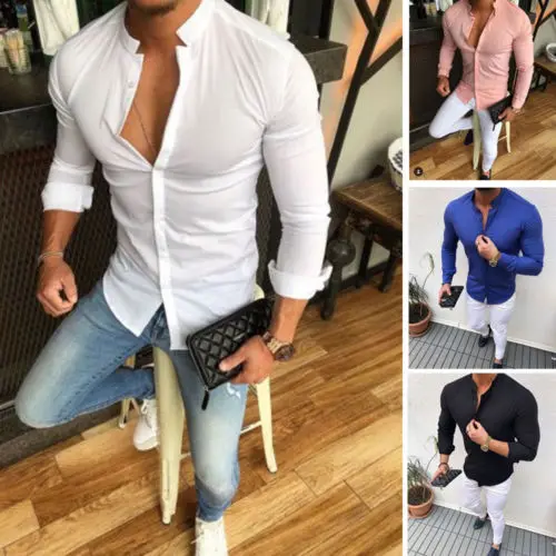 

Hot Men's Shirt Solid Linen Cotton Button Long Sleeve Top Slim Fit Casual Male Tee Blouse Tops