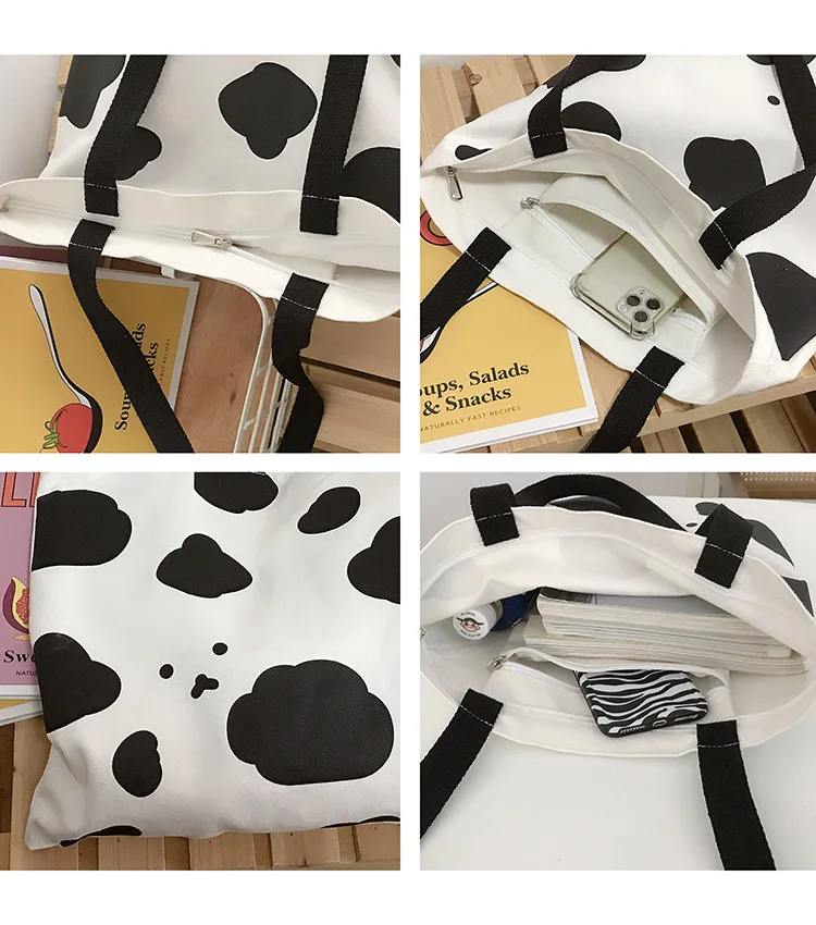

Lovely Cow Pattern Women Shoulder Bag Fashion Girls Student Canvas Handbags Large Capacity Ladies Shopping Bags Casual Tote