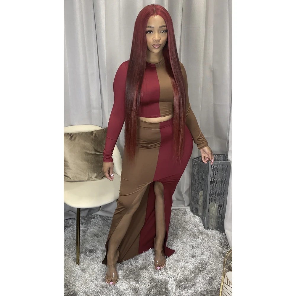

Women Set Long Sleeve Contrast Colar Patchwork O-neck Skinny Tops Both Sides Wear Bodycon Split Skirts Party Outfits